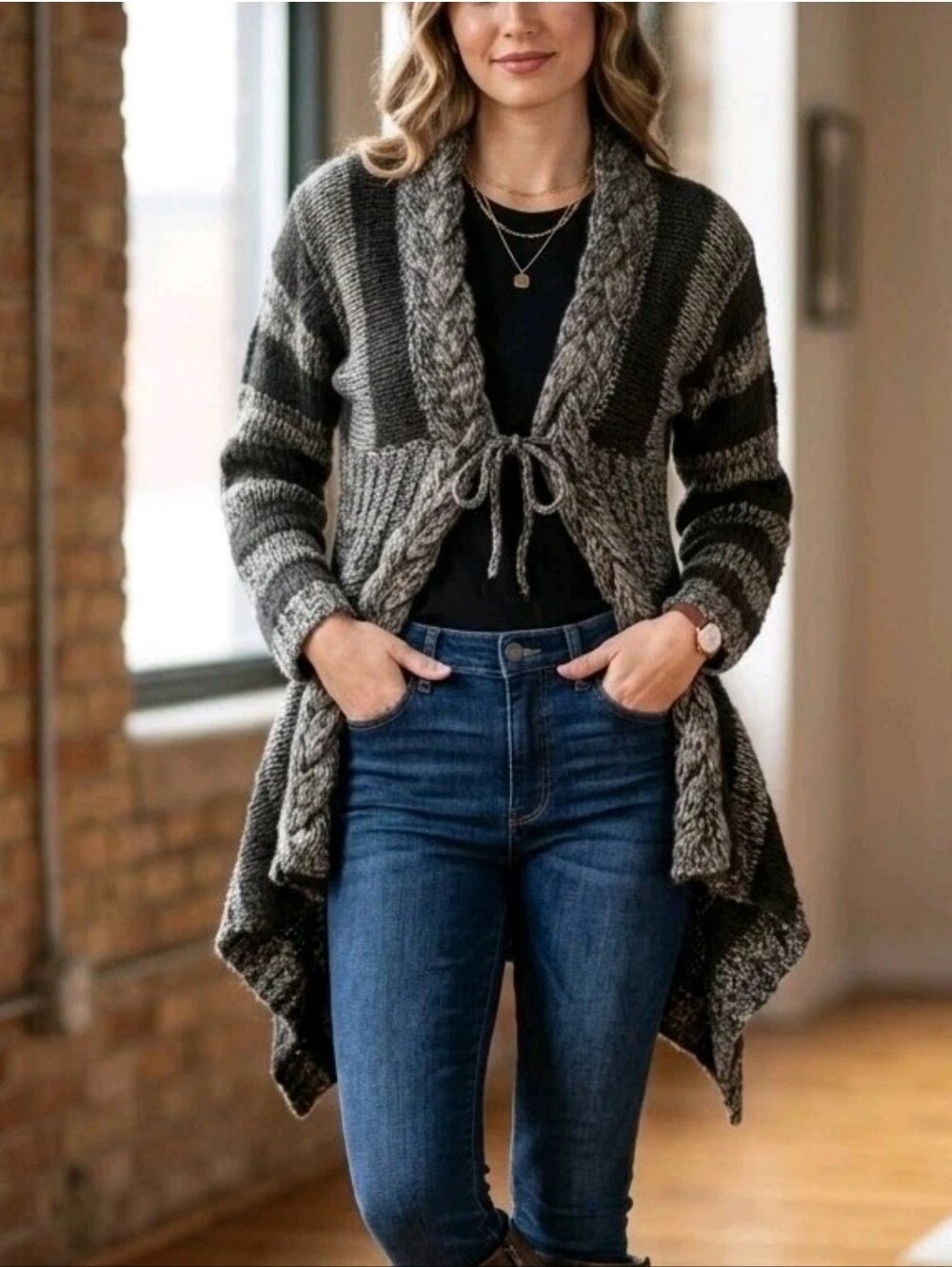 Vtg Y2K Forever 21 Cable Knit Cardigan Sweater M/L Whimsigoth Dark Academia